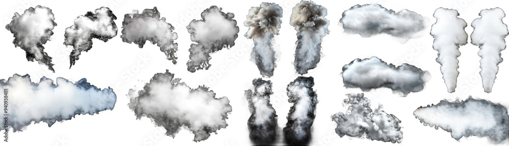 Fototapete a collection of white smoke clouds in different shapes and forms, displayed against a solid black ba
