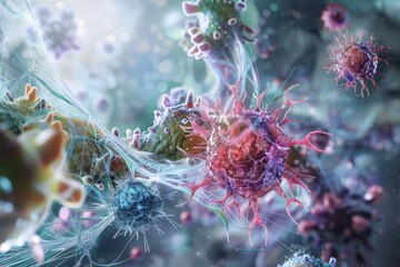 A visual representation of multiple viruses and bacteria, emphasizing their intricate structures and diversity in a microscopic setting, The delicate balance of the immune system, AI generated