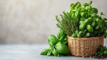 Naklejka premium A basket filled with fresh basil, rosemary, and thyme sits on a rustic kitchen counter against a light, airy background