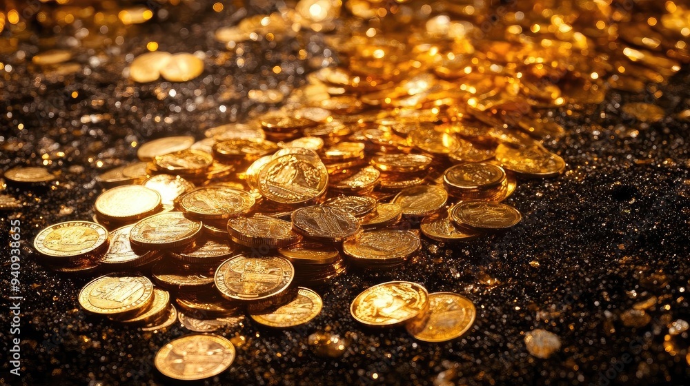 Poster a captivating display of scattered golden coins shining brilliantly in soft light, evoking a sense o
