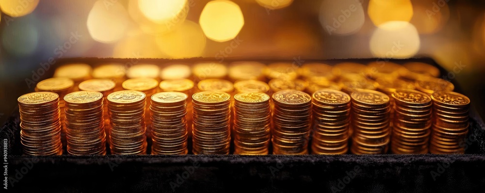 Poster a stunning display of golden coins arranged neatly, reflecting warm light in an elegant setting, sym