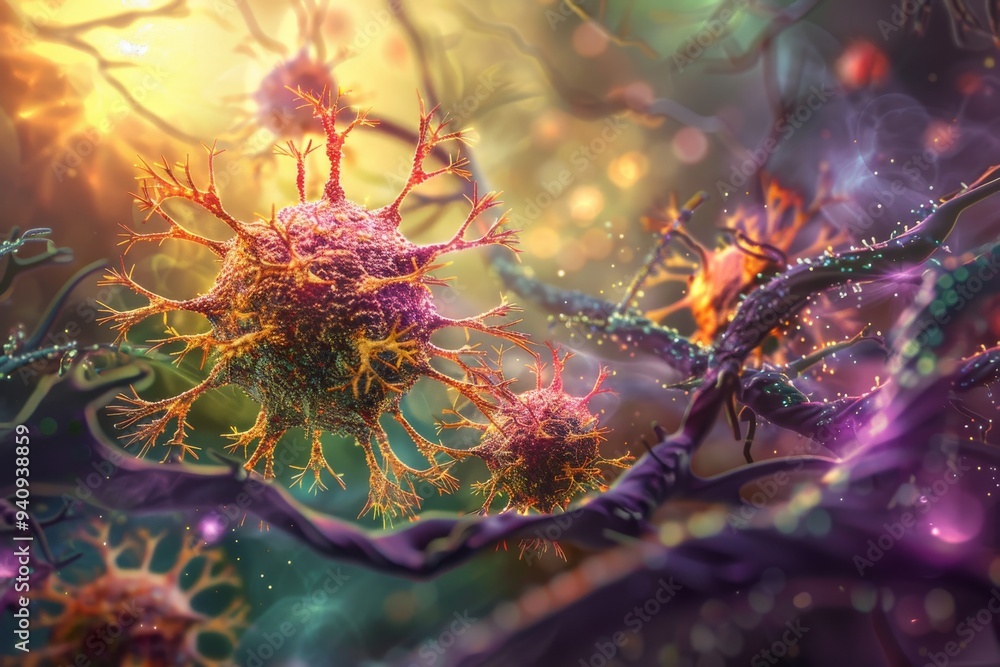 Poster a detailed image displaying a group of viruses and bacteria, capturing their unique appearances and 