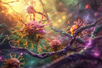 A detailed image displaying a group of viruses and bacteria, capturing their unique appearances and microscopic details, The delicate balance of the immune system, AI generated