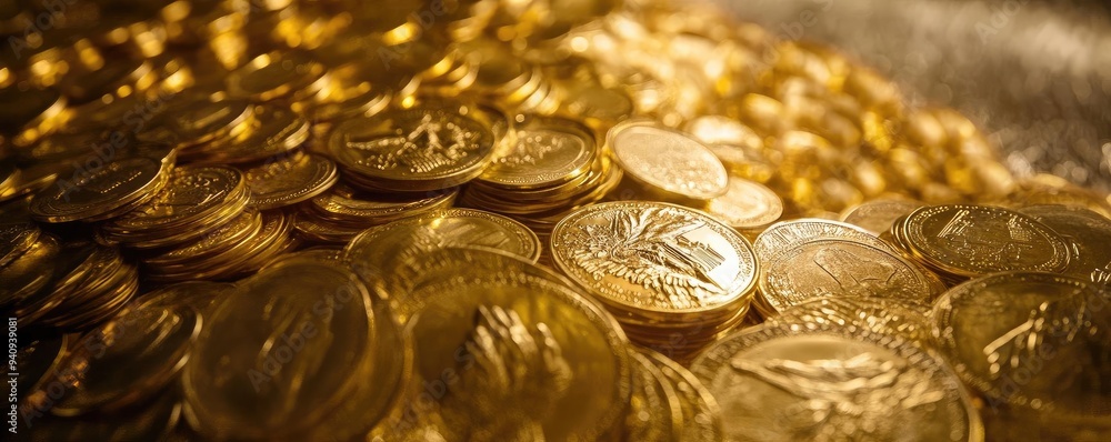 Poster a close-up view of shimmering gold coins stacked together, creating a rich and luxurious visual appe