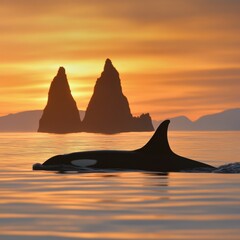 Sunrise landscape Rock Three Brothers with killer whale