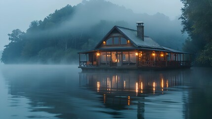 Fototapeta premium Rustic Wooden Lakeside Cabin Floating on Misty Dawn Waters