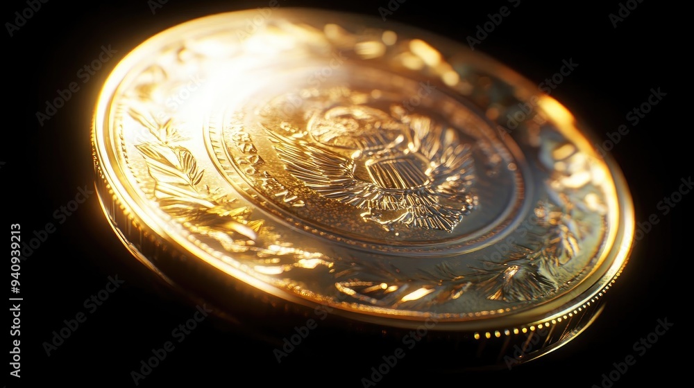 Poster a close-up view of a shining golden coin with intricate designs, reflecting light against a dark bac