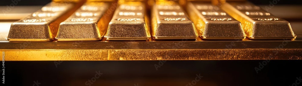 Poster a close-up view of shiny gold bars arranged neatly, highlighting their luxurious texture and color u