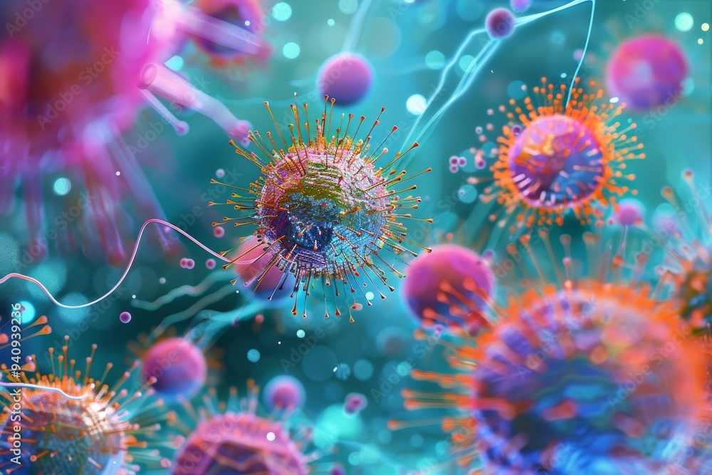 Poster a detailed image displaying a group of viruses and bacteria, capturing their unique appearances and 