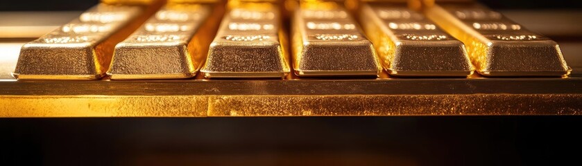 A close-up view of shiny gold bars arranged neatly, highlighting their luxurious texture and color under soft lighting.