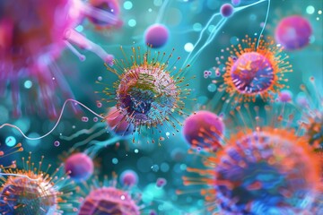 A detailed image displaying a group of viruses and bacteria, capturing their unique appearances and microscopic details, The delicate balance of the immune system, AI generated