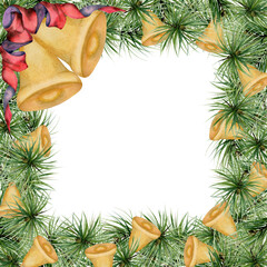 Pine tree, fir tree, spruce branches, gold bell with ribbon bow. Watercolor hand drawn illustration, border frame isolated on white. Xmas, happy new year festive, noel navidad. Cards, gifts, florist.