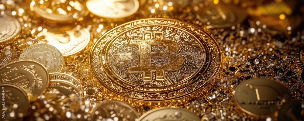 Poster a close-up view of a shiny bitcoin amidst a pile of golden coins, symbolizing cryptocurrency wealth 