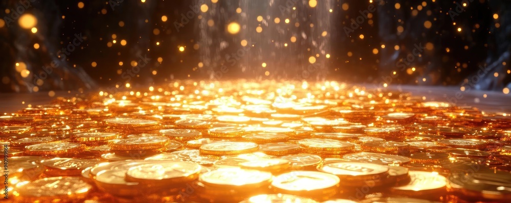 Poster a mesmerizing pile of glistening gold coins illuminated by soft light, creating a magical and enchan