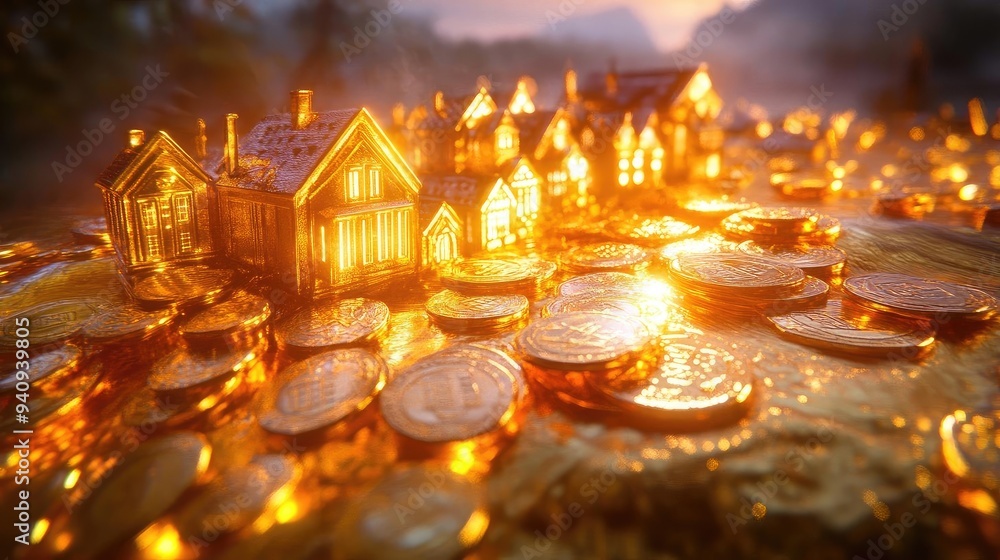 Aufkleber golden houses and coins illuminated by a warm light, creating a magical and enchanting atmosphere of