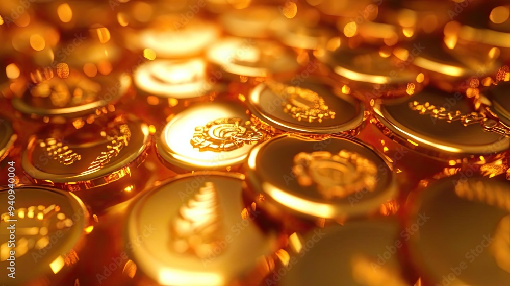 Poster close-up of shimmering gold coins stacked together, reflecting light and creating a luxurious, rich 