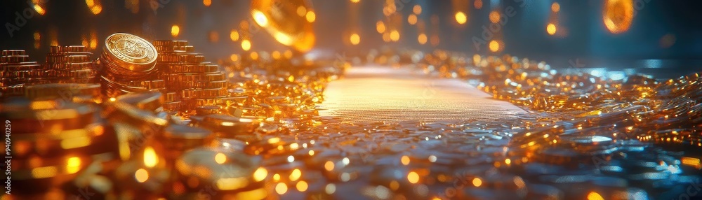 Poster A mesmerizing scene of golden coins and shimmering lights creating a magical atmosphere of wealth and prosperity.