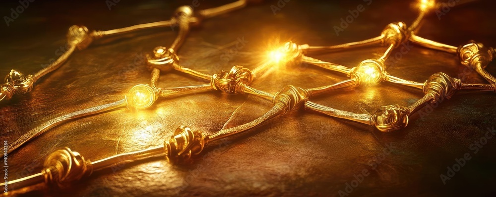 Poster A stunning display of golden connections illuminated by soft lights, creating an elegant and intricate design background.