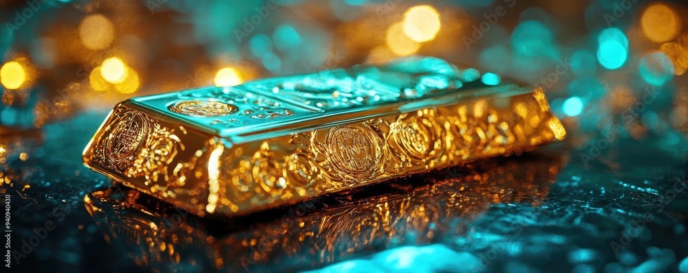 Poster A shimmering gold bar resting on a reflective surface, surrounded by soft, glowing lights creating a luxurious atmosphere.