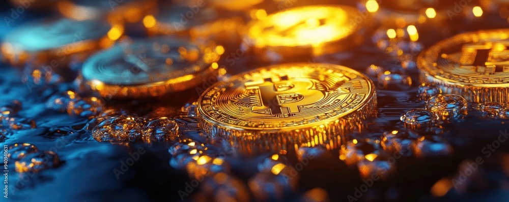 Aufkleber close-up view of shiny golden cryptocurrency coins scattered on a vibrant surface, reflecting light 