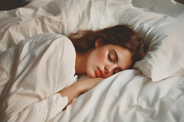 A young woman sleeps peacefully in her cozy bed. Soft pillows create a calming atmosphere. The light highlights her serene expression. Emphasizing tranquility. Generative AI