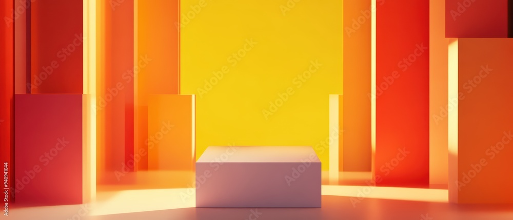 Poster a vibrant geometric scene featuring colorful blocks and a central platform, ideal for modern design 
