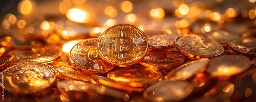 Poster close-up of shiny bitcoin coins scattered in a pile, symbolizing cryptocurrency wealth and digital f