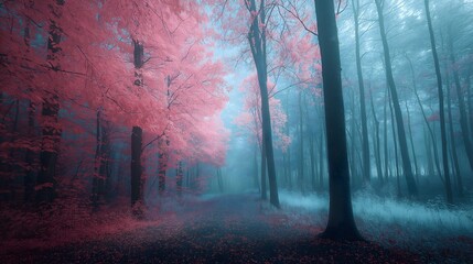 Naklejka premium Pink & Blue Misty Forest Path, Surreal Nature
