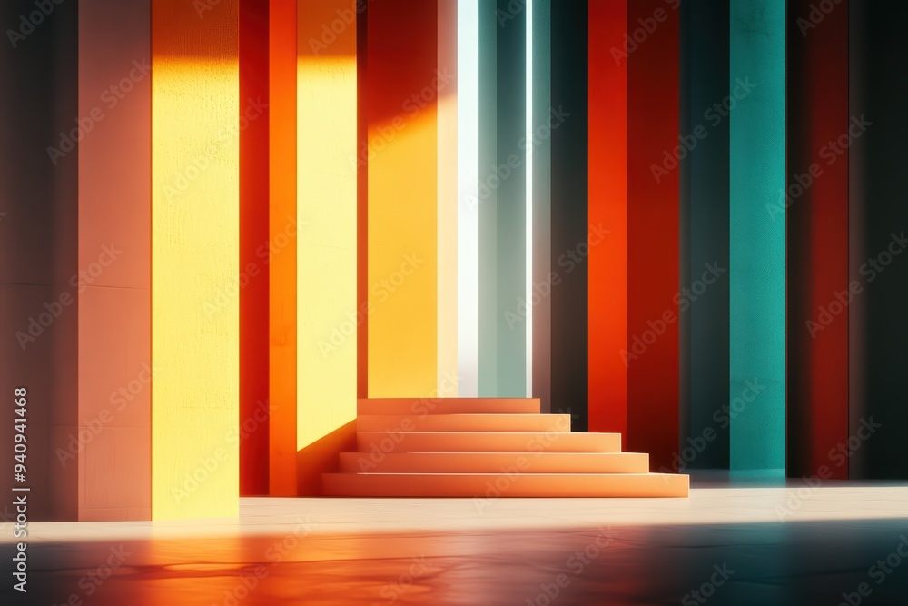 Aufkleber a vibrant interior featuring colorful pillars and steps illuminated by soft light, creating an invit