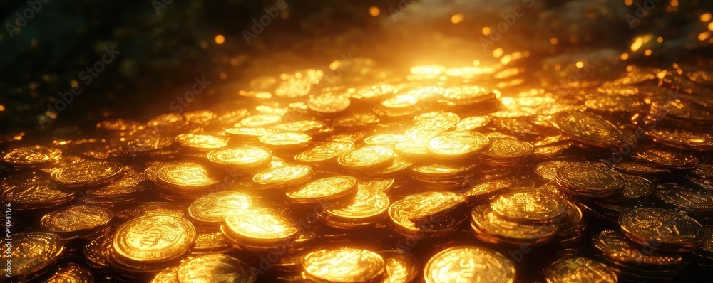 Poster a vibrant display of golden coins, shimmering under soft light, creating a rich and luxurious atmosp