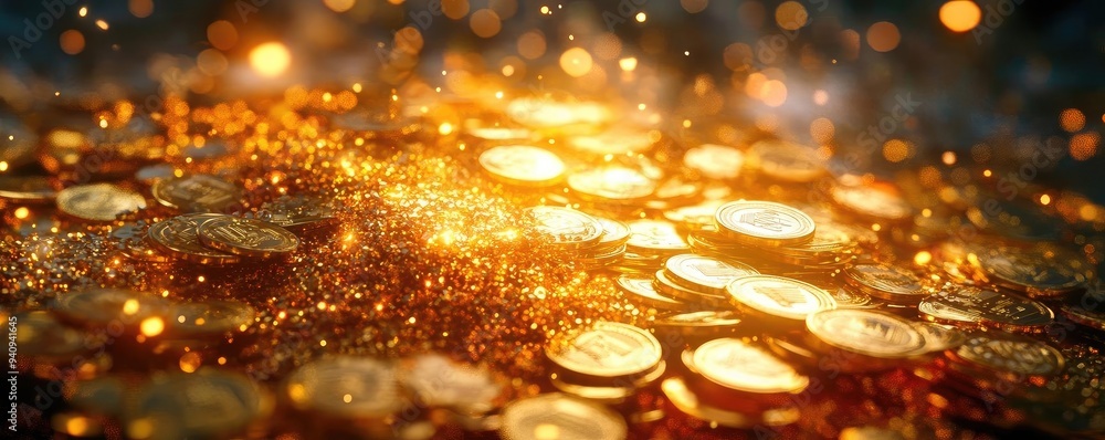 Poster a stunning display of scattered coins glimmering with light, showcasing wealth and prosperity in an 