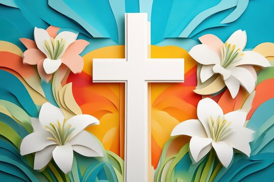 A vibrant paper cut artwork featuring a central white cross surrounded by colorful flowers, symbolizing faith and renewal.