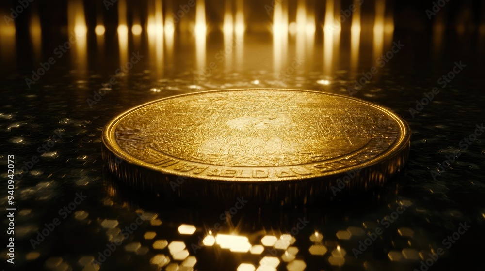 Poster a close-up shot of a shiny gold coin reflecting warm lights in a dark environment, symbolizing wealt