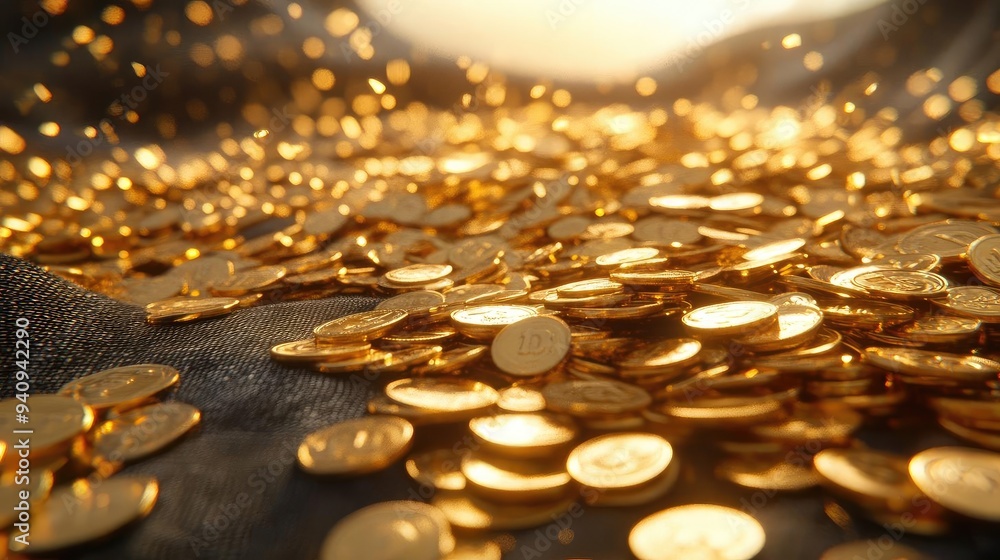 Aufkleber a dazzling display of golden coins scattered across a surface, reflecting light with a rich, luxurio