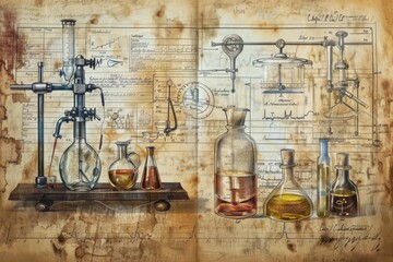 An artistic representation of a laboratory showcasing diverse chemicals arranged on tables and shelves, The evolution of medical science through history, AI generated