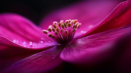  A tight shot of a pink bloom with dew on its stamens