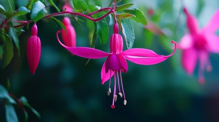  A fuchsia with pink flowers suspended from its green-leafed stems against a hazy backdrop