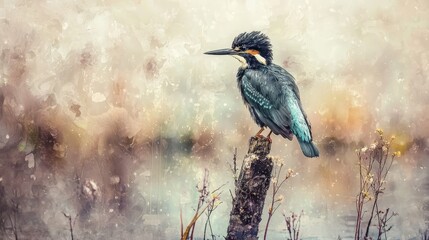  A bird perches atop a waterlogged piece of driftwood amidst a fog-shrouded body of water