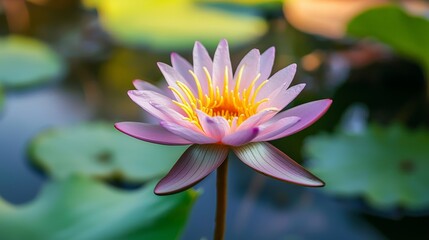 Fototapeta premium Close-up of a blooming lotus flower in a tranquil pond, symbolizing purity and spiritual reflection in Vietnamese culture