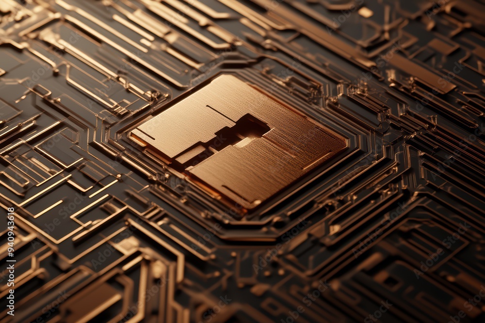 Poster close-up of a detailed copper circuit board with a central processor, showcasing intricate electroni