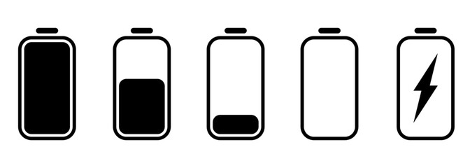 Battery icons set of black color on isolated background. Battery charge icon. Vectore.