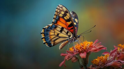 Fototapeta premium A tight shot of a butterfly atop a flower, surrounded by nearby blooms in sharp focus, while the background softly blurs