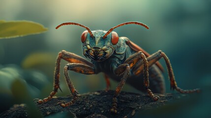 Naklejka premium A detailed shot of a bug atop a weathered wood plank, surrounded by leaves in the background, and a nearby plant in the foreground