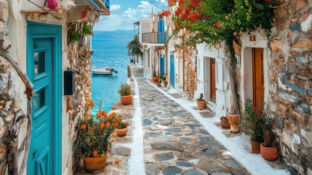 Fototapeta Charming Greek Village Street by the Sea