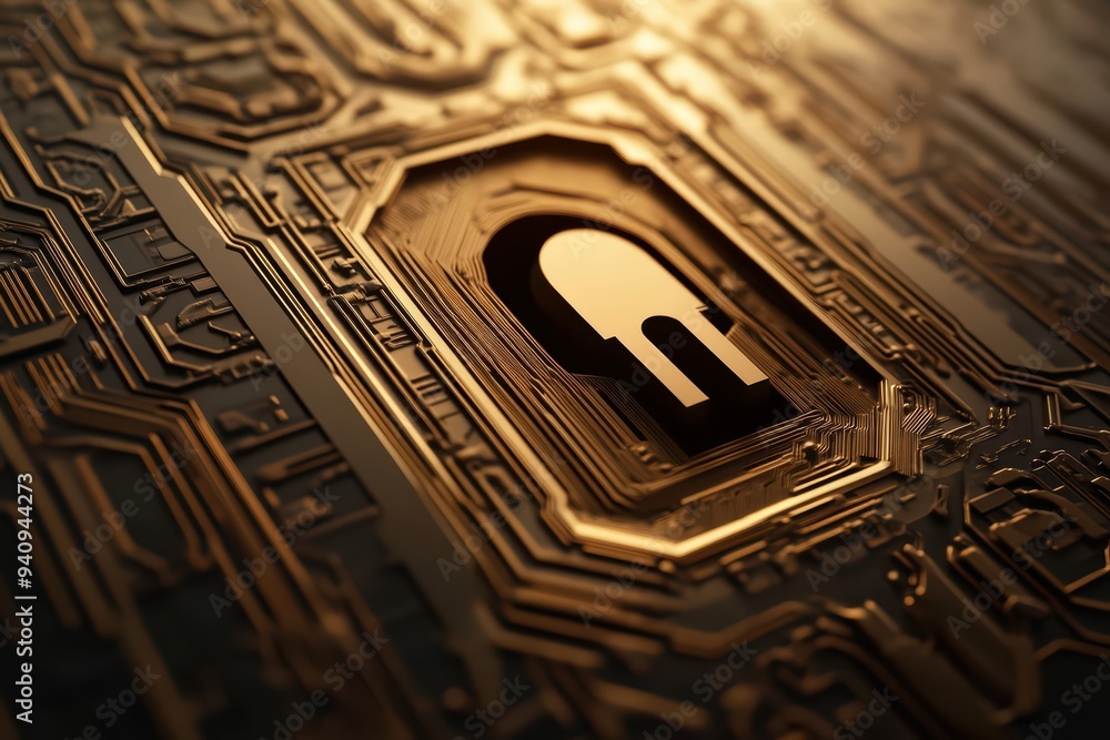 Poster close-up of a metallic lock integrated into a circuit board, symbolizing digital security and techno