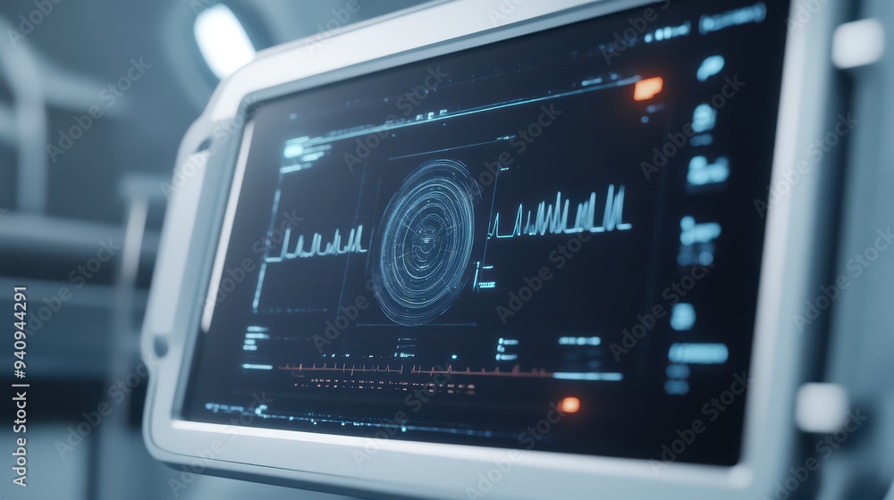 Poster close-up of a modern touchscreen monitor displaying intricate data visuals and graphs in a futuristi