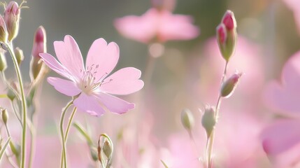  A tight shot of a single pink bloom amidst a sea of pink blossoms, softly blurred backdrop of similar flowers