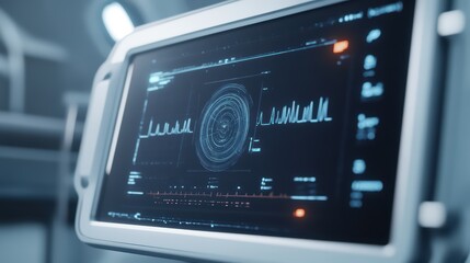 Close-up of a modern touchscreen monitor displaying intricate data visuals and graphs in a futuristic medical environment.