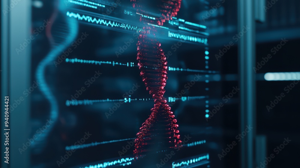 Poster close-up view of a digital dna structure showcasing advanced technology and innovation in genetics a