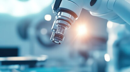 Close-up view of a modern microscope, showcasing advanced technology and precision in a laboratory setting.